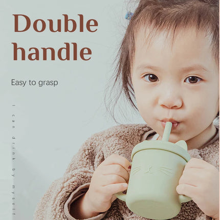 Baby Food Grade Feeding Cup Kid Double Handle Design Cute Cat Styling Straw Bottle Anti-Hot Leakproof Baby Silicone Feeding Cups
