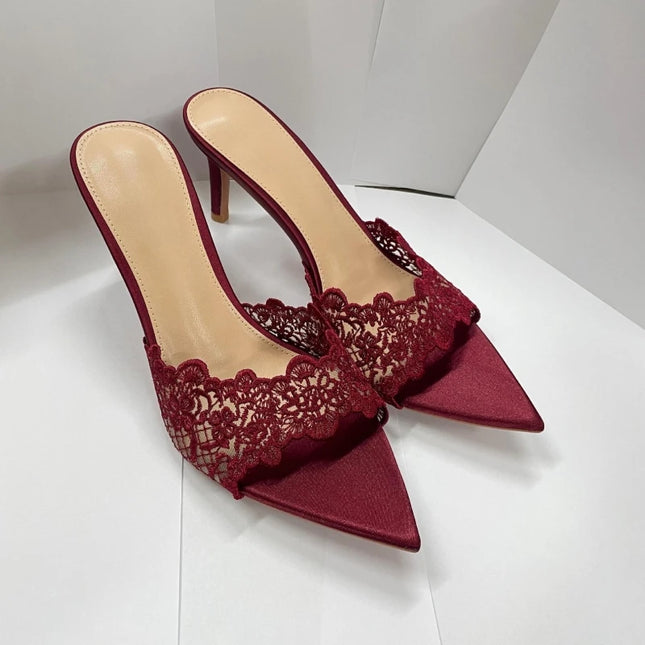 New Summer Women's High-heeled Sandals, Sexy and Comfortable Lace Embroidered Shoes, Mules, Banquet Shoes