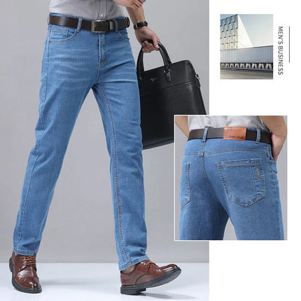 Summer Thin Men's Elastic Cotton Jeans Fashion Blue Comfortable Business Straight Casual Pants Brand Male Clothes Trousers