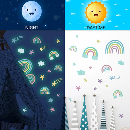 Kids’ Room Luminous Rainbow &amp; Cloud Wall Sticker – Glow-in-the-Dark Cartoon Decor
