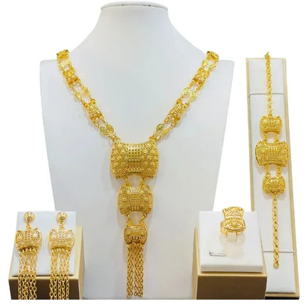 France Ethiopian Gold Color Jewelry Set For Women Dubai Necklace Bracelet Earrings Ring Set African Wedding Choker Wholesale