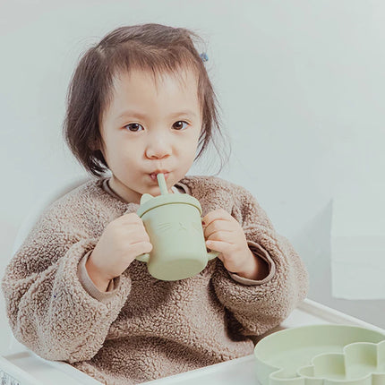 Baby Food Grade Feeding Cup Kid Double Handle Design Cute Cat Styling Straw Bottle Anti-Hot Leakproof Baby Silicone Feeding Cups