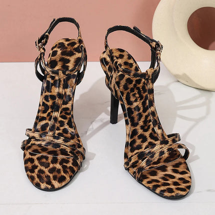 Sexy Leopard Print Super High Heel Sandals Women Summer Ankle Strap Thin Heel Party Shoes Woman Plus Size Fashion Stiletto Pumps