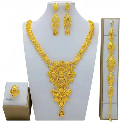 France Ethiopian Gold Color Jewelry Set For Women Dubai Necklace Bracelet Earrings Ring Set African Wedding Choker Wholesale