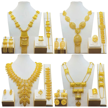 France Ethiopian Gold Color Jewelry Set For Women Dubai Necklace Bracelet Earrings Ring Set African Wedding Choker Wholesale