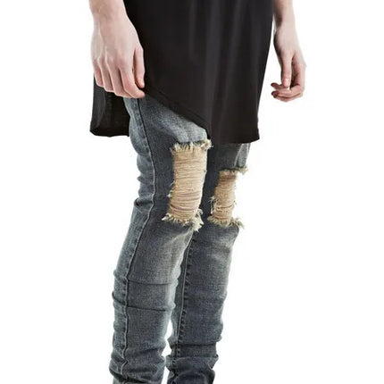 Denim Pencil Ankle Length Pants Men Jean Ripped Washed Zipper Fly Hole Jeans Skinny Solid Pockets High Street Distressed