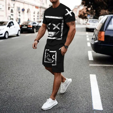 Funny 3D Demon Face Print Men Short Sleeve T-Shirt Shorts Two Piece Sets Hip Hop Trend Harajuku Streetwear Summer Casual Outfit