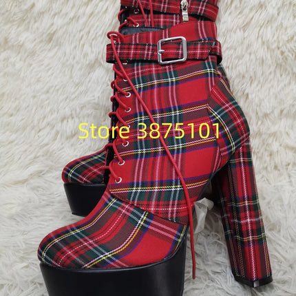 New Red Tartan Design Ankle Boots Lady Fashion Increasing Heel Spring Boots Sexy Female Platform Shoes With Buckle and Strap