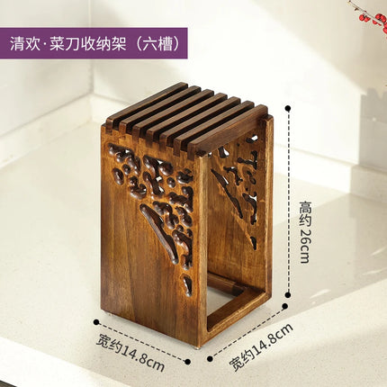 Solid Wood Knife Rack Kitchen Accessories Knife Organizer Wooden Ventilated Drainage Carved Skeleton Mortise and Tenon Design