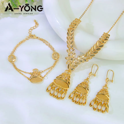 Luxury Dubai Wedding Jewelry Set 21k Gold Plated Arab Bridal Gold Necklace Bracelet Earrings Brazilian Women Vintage Jewelrys