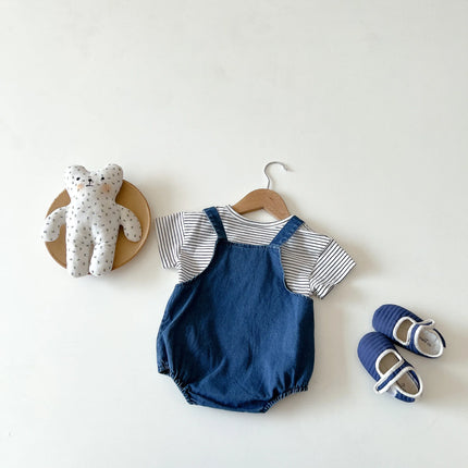 2024 Summer Cool Toddler Baby Clothing Set for Newborn Girls Striped T-shirt and Denim Bodysuits Overalls 2Pcs Boys Suits