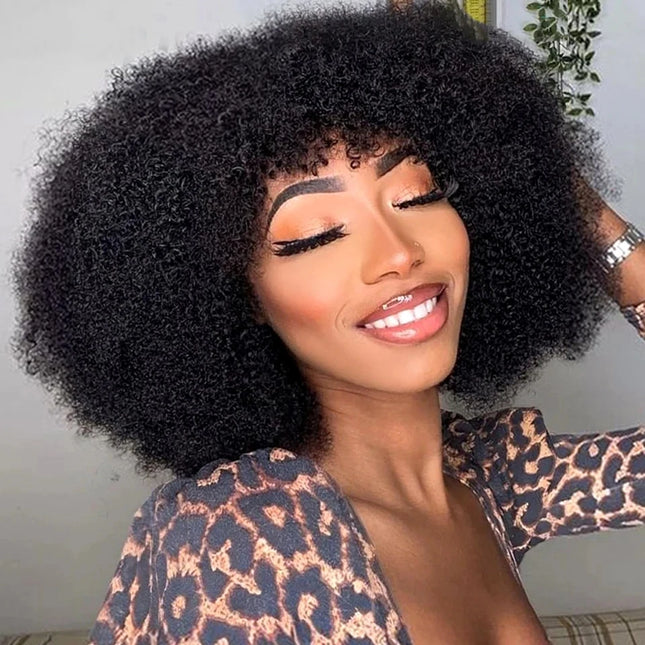 250% Afro Kinky Human Hair Wig With Bangs Machine Made Afro Kinky Curly Wigs For Women Brazilian Glueless Wigs 12“-16“ HairUGo