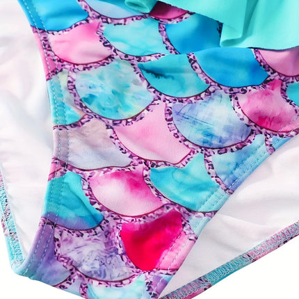 2-Piece Swimsuit Long-Sleeved Swimwear Kids Girl Crew Neck Scale Print Tops & Ruffle Detail Bikini Cut Briefs Swimming Suit 2025