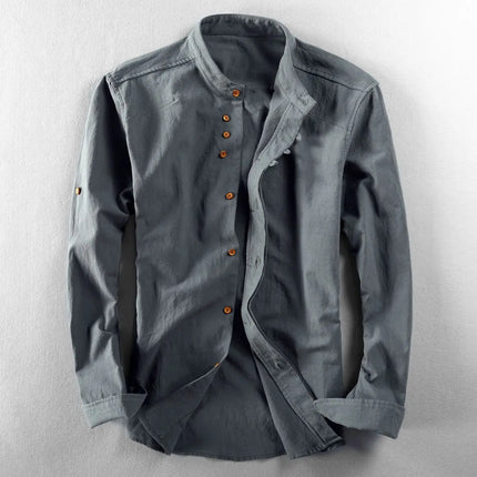Vintage Men Stand Collar Long Sleeve Button Slim Blouse Shirt Spring Autumn Male Workwear Blouse Tops YZXFS-W2003