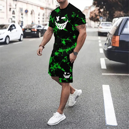 Funny 3D Demon Face Print Men Short Sleeve T-Shirt Shorts Two Piece Sets Hip Hop Trend Harajuku Streetwear Summer Casual Outfit
