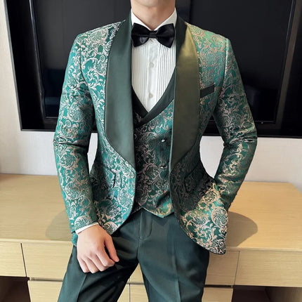 New (Blazer+vest+pants) for Men. Fashion. Casual. British Style. Singer Performance. High Density Jacquard Wedding Dress. Suit