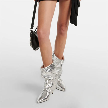 Arden Furtado 2025 Spring leopard print Large tubular boots Pointed toe Slip-on Pleated Middle heel Modern boots Short boots