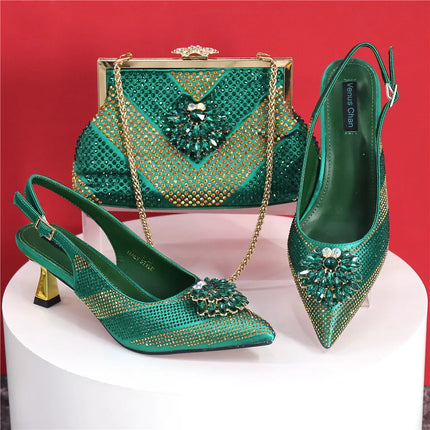 Newest Arrivals Special Design Silver Color African Women Shoes and Bag Set Pointed Toe Pumps for Wedding Party