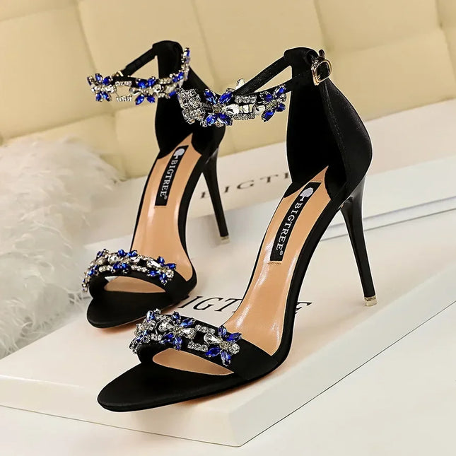 Soft Silk Open Toe Women Sandals 2024 Summer Luxury Crystal Ankle Buckle High Heels Shoes Bride Party Lady Green Red Black Pumps