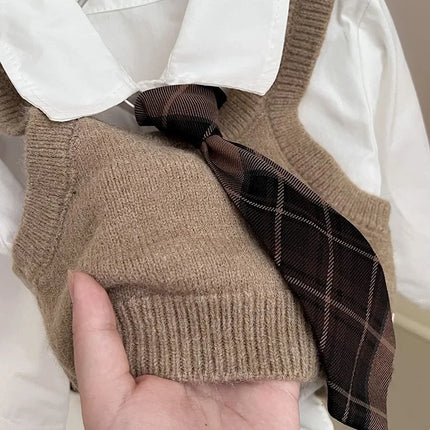 Childrens Clothing Set 2025 Autumn New Item Childrens Shirt Knitted Vest Short Skirt Three Piece Set Toddler Girl Clothes