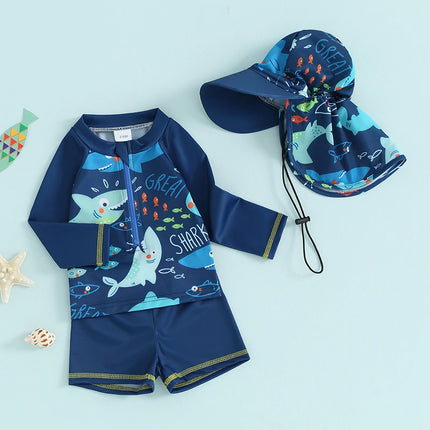 0-5Y Baby Boys Rash Guard Swimwear Fish Print Long Sleeve Zip Tops + Boardshorts + Bucket Hats Bathing Suit Kids Beachwear
