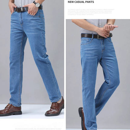 Summer Thin Men's Elastic Cotton Jeans Fashion Blue Comfortable Business Straight Casual Pants Brand Male Clothes Trousers