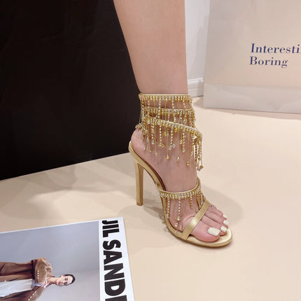 Aneikeh 2026 Fashion Sexy Rhinestone String Bead Ankle Strap High Heels Women Summer Silk Round Toe Open Toe Sandals Party Dress