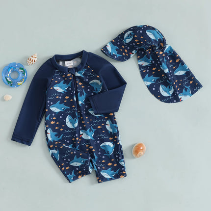 Toddler Baby Boys Swimsuit with Swim Cap Infant Rash Guard Summer Dinosaur/Shark Print Long Sleeve Zip Bathing Suit Beachwear