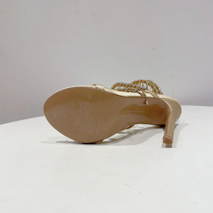 Aneikeh 2026 Fashion Sexy Rhinestone String Bead Ankle Strap High Heels Women Summer Silk Round Toe Open Toe Sandals Party Dress