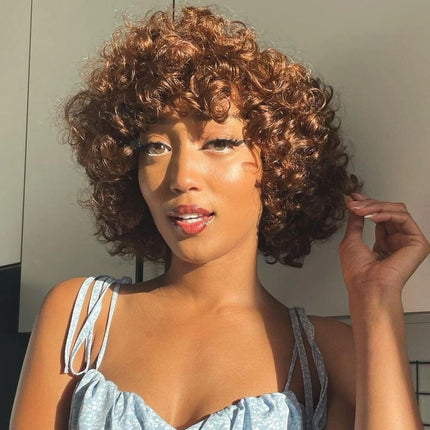 99J Rose Curly Fumi Human Hair Wig With Bangs Full Machine Made Deep Wave Bob For Women Virgin Brazilian Burgundy Blonde Colored