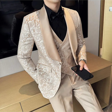 New (Blazer+vest+pants) for Men. Fashion. Casual. British Style. Singer Performance. High Density Jacquard Wedding Dress. Suit