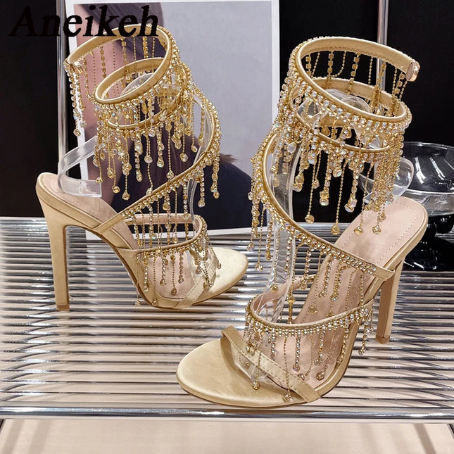 Aneikeh 2026 Fashion Sexy Rhinestone String Bead Ankle Strap High Heels Women Summer Silk Round Toe Open Toe Sandals Party Dress