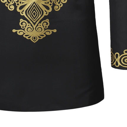 African Men's Shirt Pants Set Metallic Print Tops Long Sleeves Clothing V Neck Matching Traditional Suit With Trouser For Men