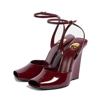 Arden Furtado 2025 Summer Patent Leather peep toe Wedges Sandals Platform Super high heel Belt buckle word-cingulate Sandals