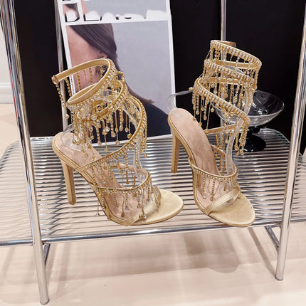 Aneikeh 2026 Fashion Sexy Rhinestone String Bead Ankle Strap High Heels Women Summer Silk Round Toe Open Toe Sandals Party Dress