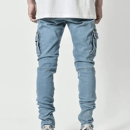 new Jeans Men Pants Wash Solid Color Multi Pockets Denim Mid Waist Cargo Jeans Plus Size Fahsion Casual Trousers Male Daily Wear