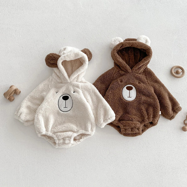Baby Hooded Romper Bear Ears Cute Plush Baby Clothes Winter 0-2 Years Old Korean version Baby Clothes Baby Romper