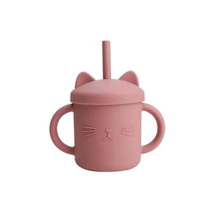 Baby Food Grade Feeding Cup Kid Double Handle Design Cute Cat Styling Straw Bottle Anti-Hot Leakproof Baby Silicone Feeding Cups