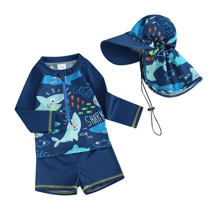 0-5Y Baby Boys Rash Guard Swimwear Fish Print Long Sleeve Zip Tops + Boardshorts + Bucket Hats Bathing Suit Kids Beachwear