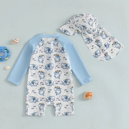 Toddler Baby Boys Swimsuit with Swim Cap Infant Rash Guard Summer Dinosaur/Shark Print Long Sleeve Zip Bathing Suit Beachwear