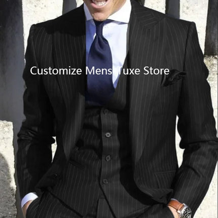 2024 Men Suits Stripe Blazer Wedding Male Groom Tuxedos Suit with Pants 3 Pieces (Jacket+Pants+Vest) Costume Homme