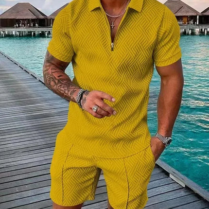 New 2025 Men's Polo Suit Fashion Men Sets Solid Summer V-neck Zipper Short Sleeve POLO Shirt+Shorts Two Pieces Men Casual Suit