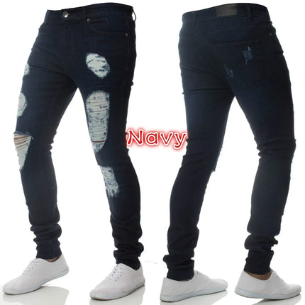 Men Jeans Pencil Pants Denim High Waist Slim Fit Sheath Solid Color Holes Slight Strech 2025 Spring Ankle Length Streetwear