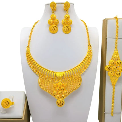 France Ethiopian Gold Color Jewelry Set For Women Dubai Necklace Bracelet Earrings Ring Set African Wedding Choker Wholesale