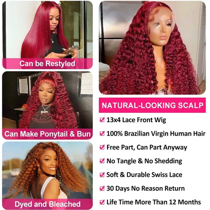 Deep Wave 99J Burgundy 13x6 Transprent Lace Frontal Wig Human Hair 13x4 Curly 30 40 Inch HD Lace Front Wigs Red Wine Water Wave