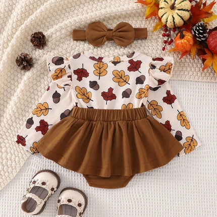 Baby Girl Festival Clothes Outfit Ruffle Trim Patch Long Sleeve Romper Dress with Bow Headband 2 Piece Set for Toddlers