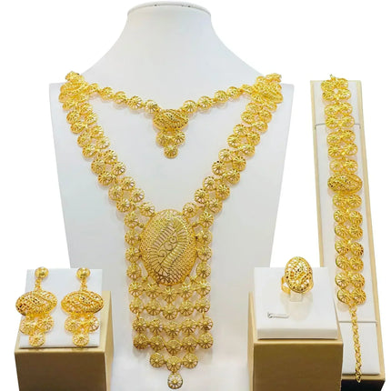 France Ethiopian Gold Color Jewelry Set For Women Dubai Necklace Bracelet Earrings Ring Set African Wedding Choker Wholesale