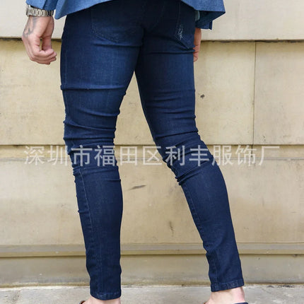 Men Jeans Pencil Pants Denim High Waist Slim Fit Sheath Solid Color Holes Slight Strech 2025 Spring Ankle Length Streetwear