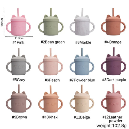 Baby Food Grade Feeding Cup Kid Double Handle Design Cute Cat Styling Straw Bottle Anti-Hot Leakproof Baby Silicone Feeding Cups