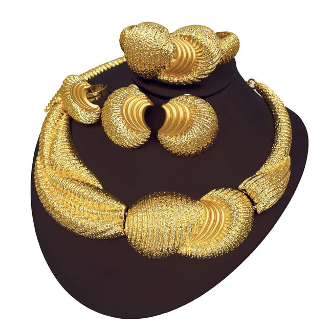 Parure de bijoux de luxe plaquée or 18 carats, grand collier, bracelet épais, boucles d'oreilles en forme de lune, bague, cadeau de mariage pour femme